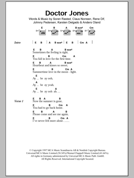 Aqua Doctor Jones sheet music notes and chords arranged for Guitar Chords/Lyrics