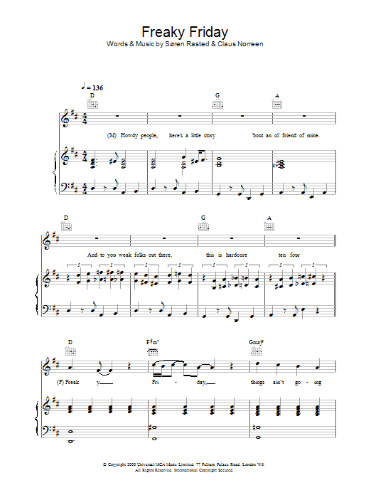 Aqua Freaky Friday sheet music notes and chords arranged for Piano, Vocal & Guitar Chords