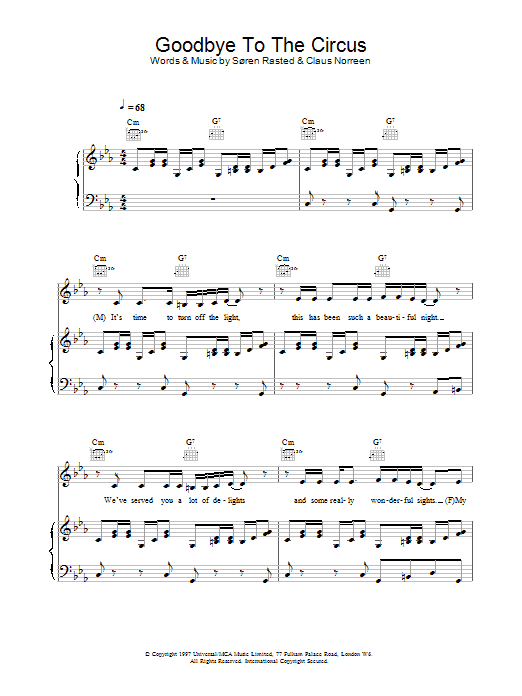 Aqua Goodbye To The Circus sheet music notes and chords arranged for Piano, Vocal & Guitar Chords