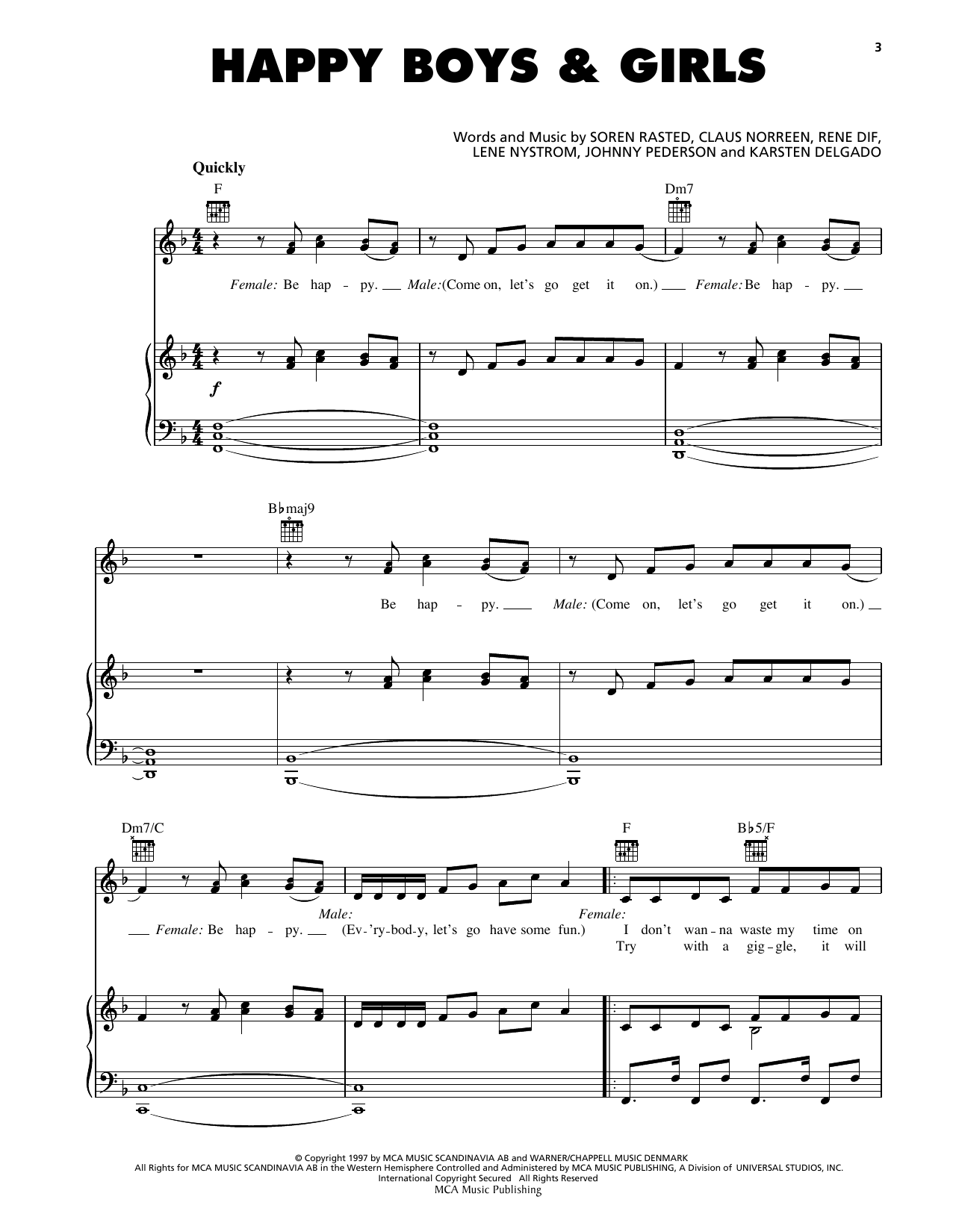Aqua Happy Boys & Girls sheet music notes and chords arranged for Piano, Vocal & Guitar Chords (Right-Hand Melody)
