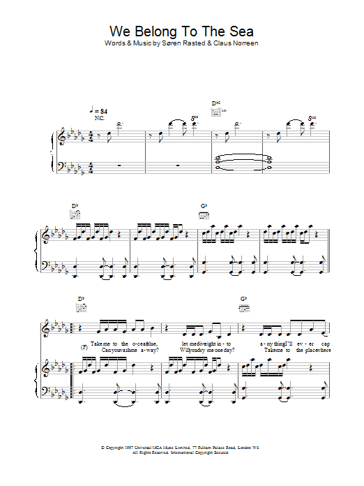 Aqua We Belong To The Sea sheet music notes and chords arranged for Piano, Vocal & Guitar Chords