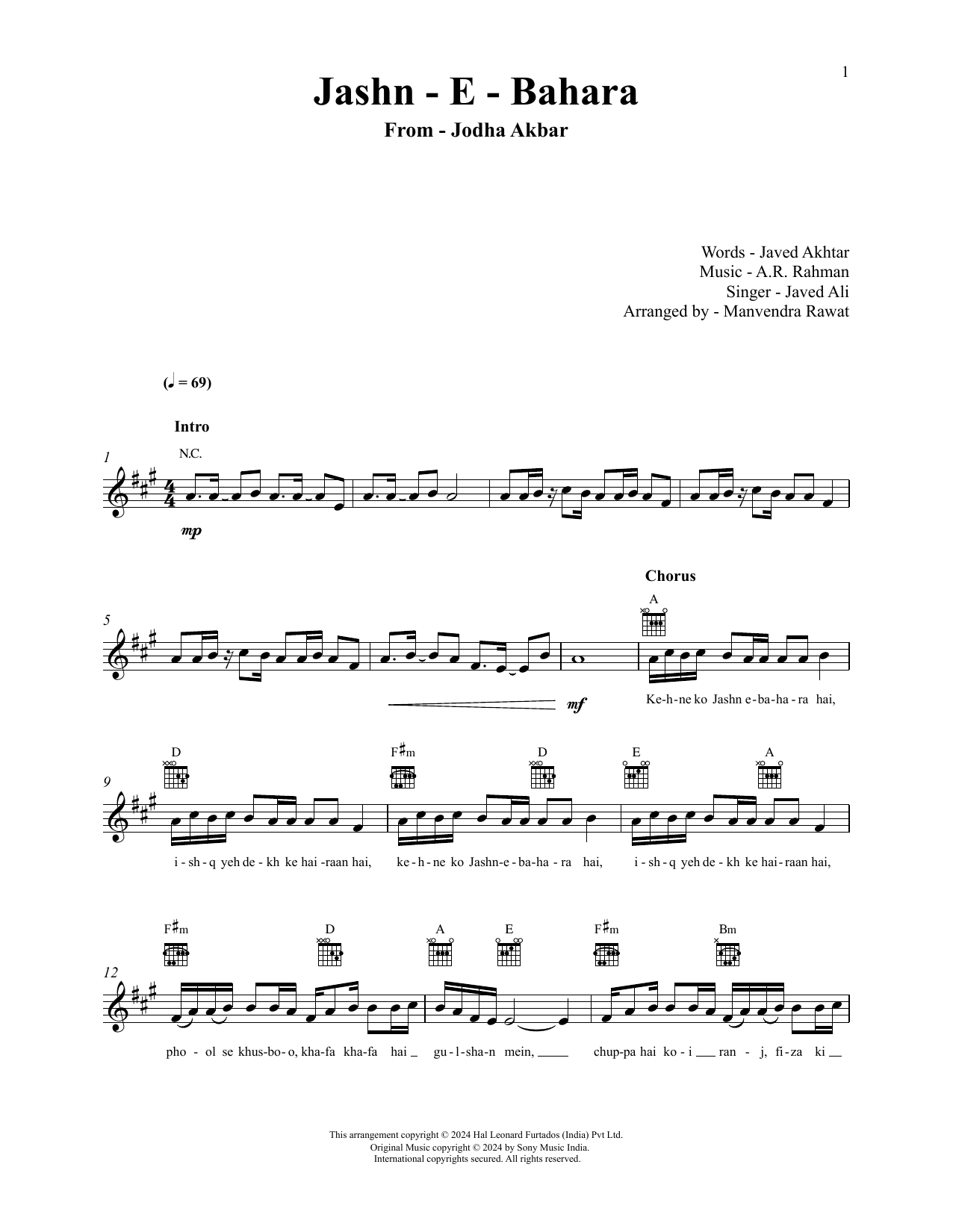 A.R. Rahman and Javed Ali Jashn-E-Bahaaraa (from Jodhaa Akbar) sheet music notes and chords arranged for Lead Sheet / Fake Book