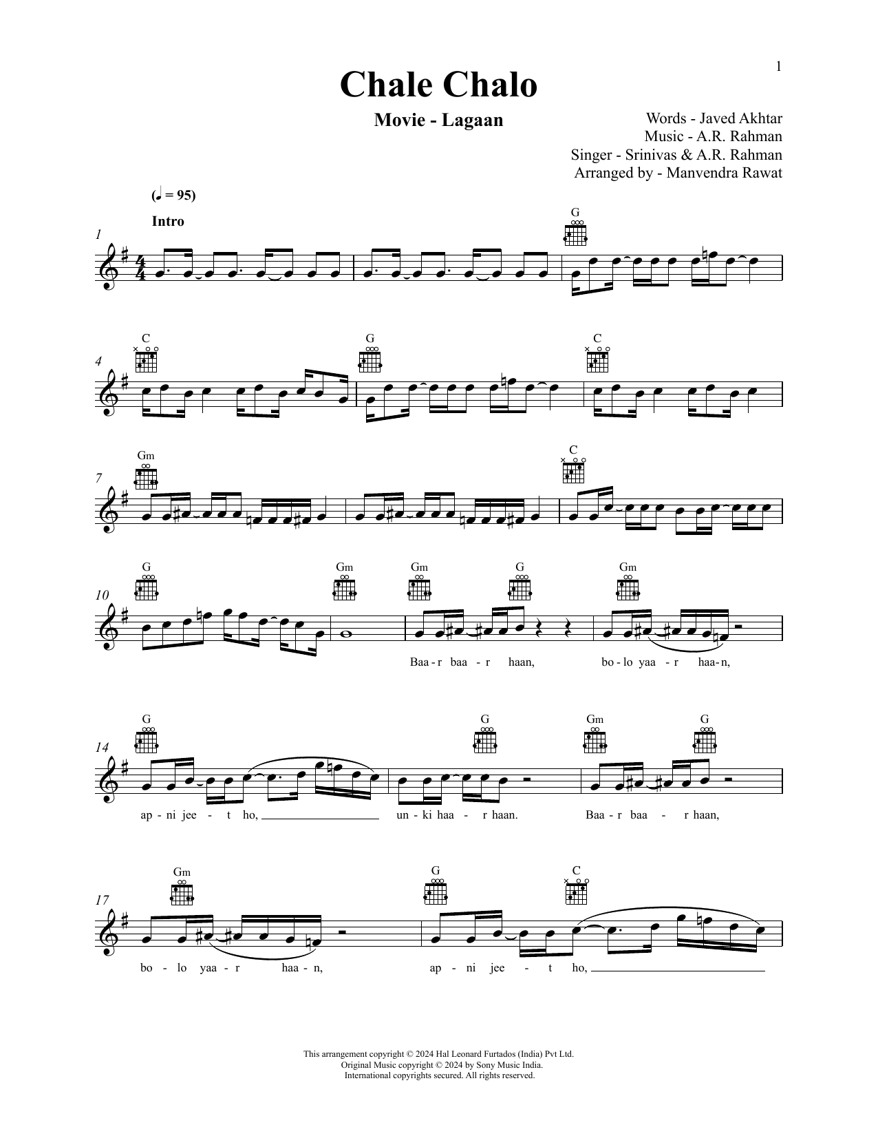 A.R. Rahman and Srinivas Chale Chalo (from Lagaan) sheet music notes and chords arranged for Lead Sheet / Fake Book