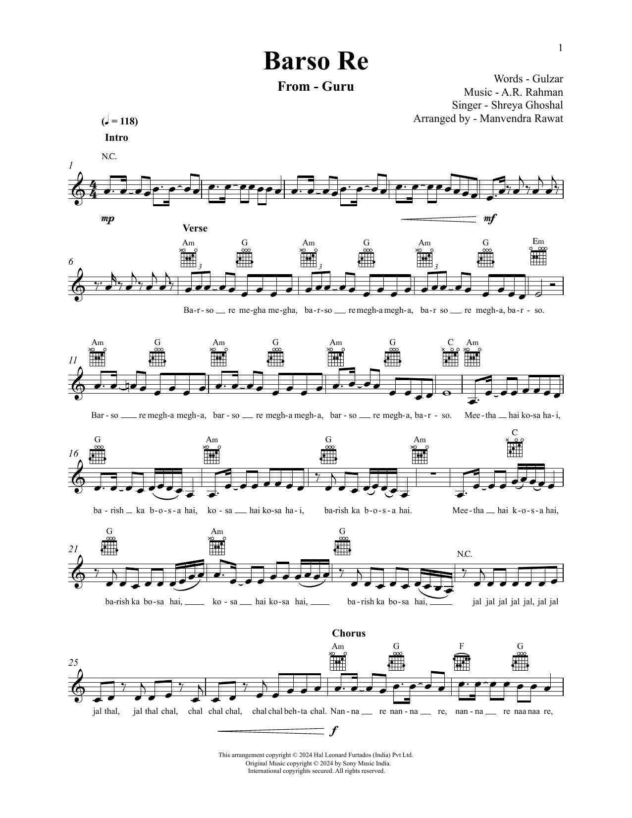 A.R. Rahman Barso Re (from Guru) sheet music notes and chords arranged for Lead Sheet / Fake Book