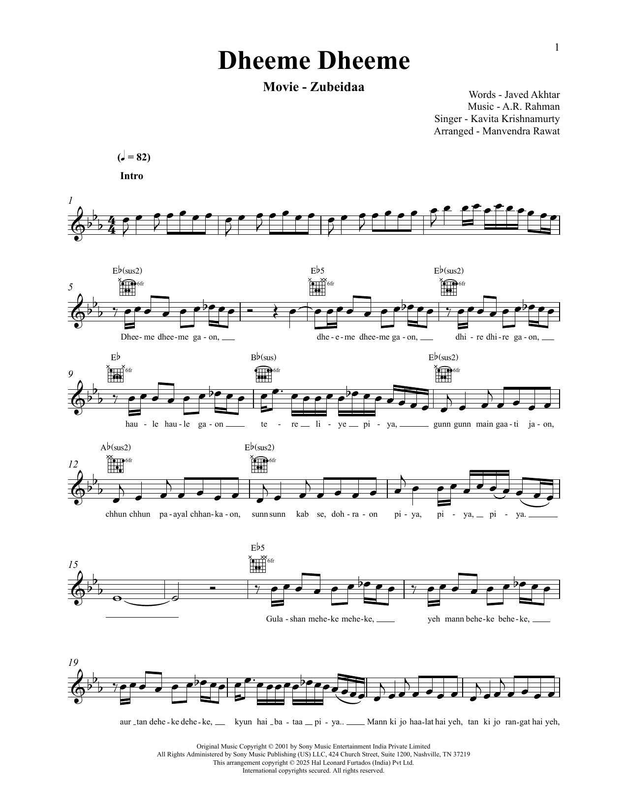 A.R. Rahman Dheeme Dheeme (from Zubeidaa) sheet music notes and chords arranged for Lead Sheet / Fake Book