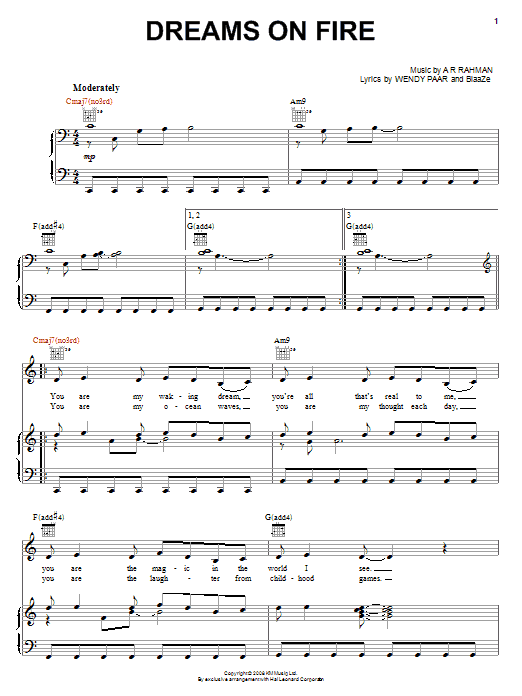 A.R. Rahman Dreams On Fire sheet music notes and chords arranged for Piano, Vocal & Guitar Chords (Right-Hand Melody)