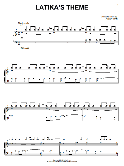 A.R. Rahman Latika's Theme sheet music notes and chords arranged for Piano, Vocal & Guitar Chords (Right-Hand Melody)