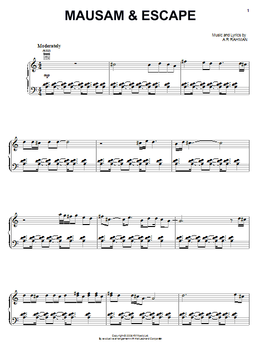 A.R. Rahman Mausam & Escape sheet music notes and chords arranged for Piano, Vocal & Guitar Chords (Right-Hand Melody)