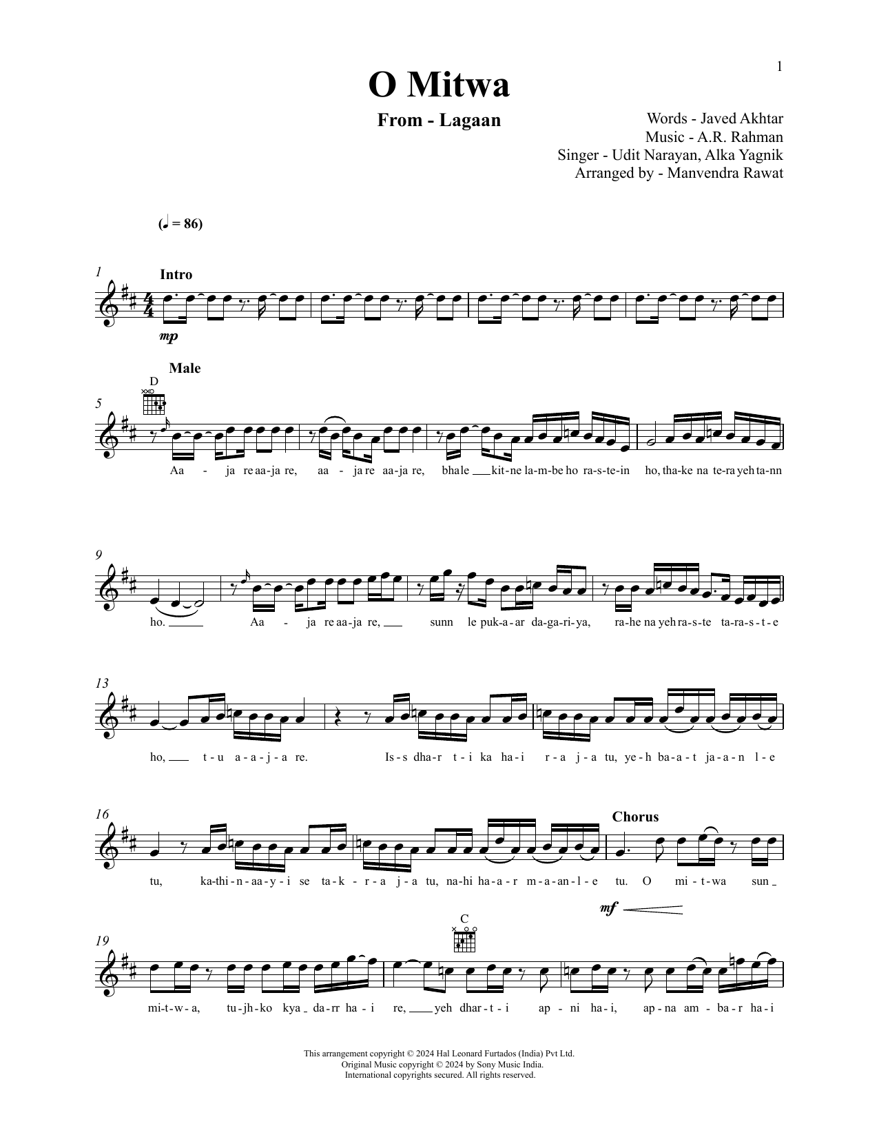 A.R. Rahman O Mitwa (from Lagaan) sheet music notes and chords arranged for Lead Sheet / Fake Book