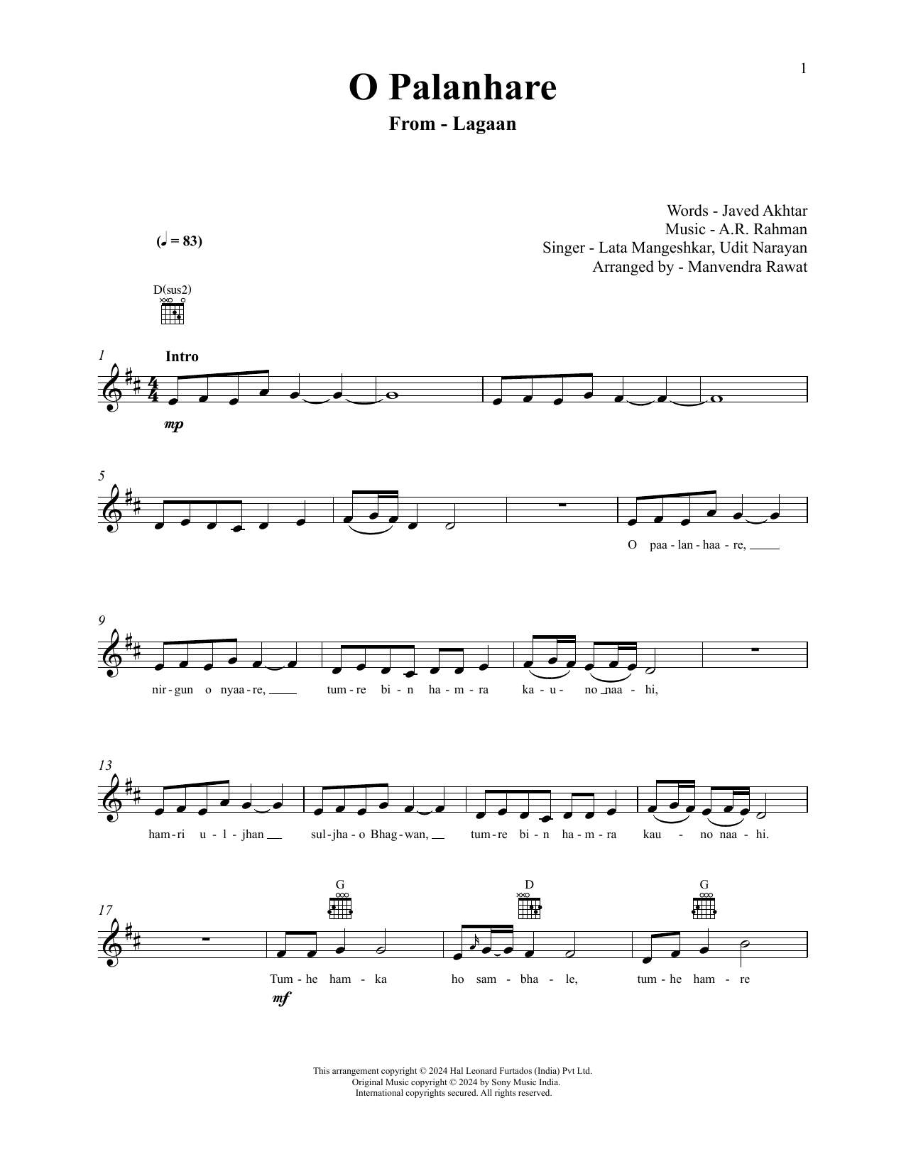 A.R. Rahman O Palanhare (from Lagaan) sheet music notes and chords arranged for Lead Sheet / Fake Book