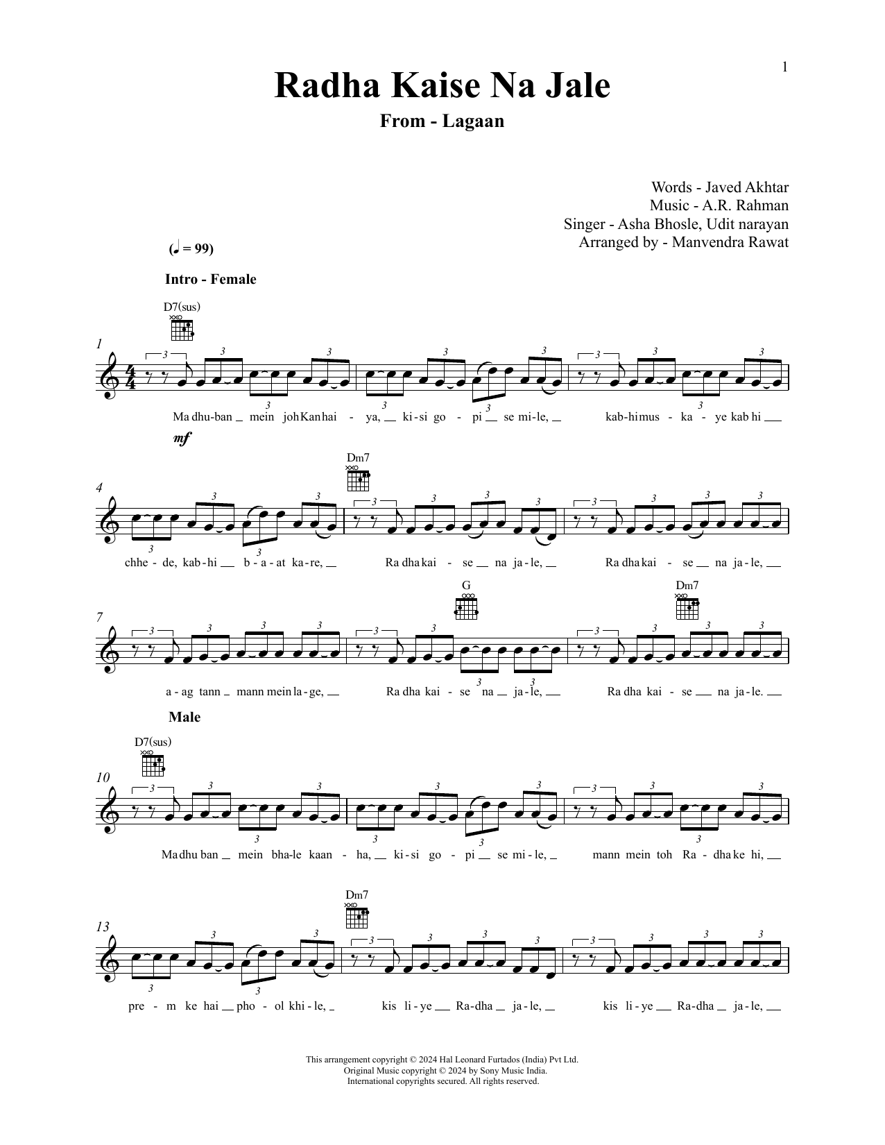 A.R. Rahman Radha Kaise Na Jale (from Lagaan) sheet music notes and chords arranged for Lead Sheet / Fake Book