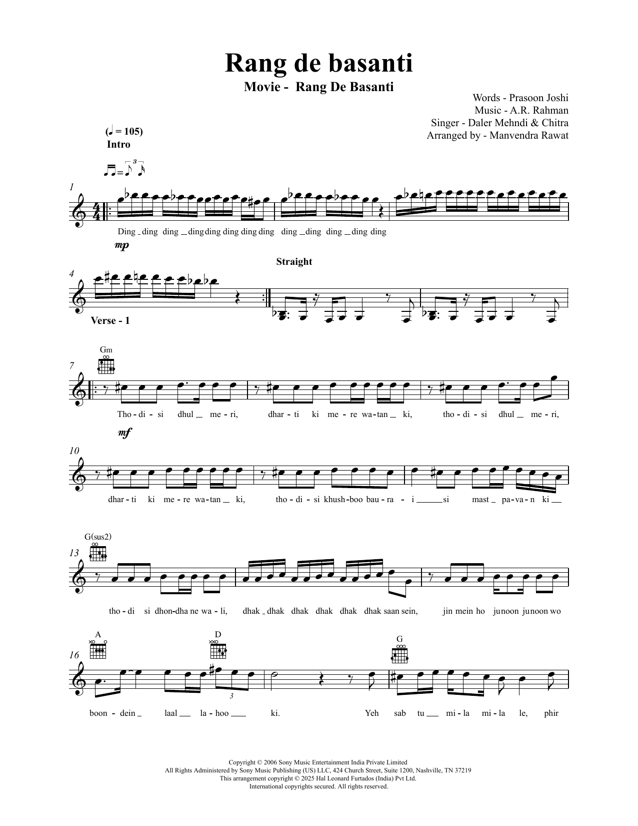 A.R. Rahman Rang De Basanti sheet music notes and chords arranged for Lead Sheet / Fake Book