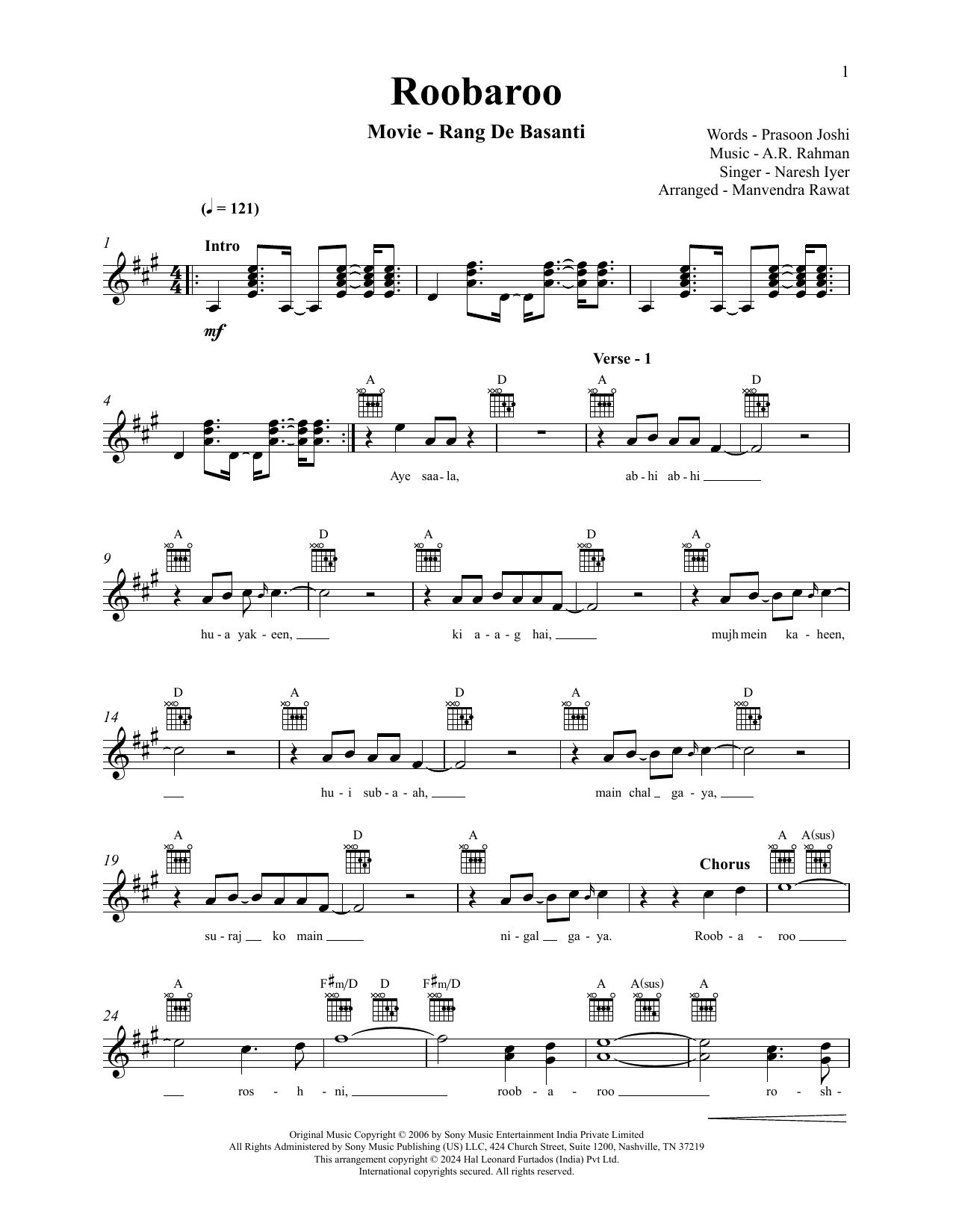 A.R. Rahman Roobaroo (from Rang De Basanti) sheet music notes and chords arranged for Lead Sheet / Fake Book