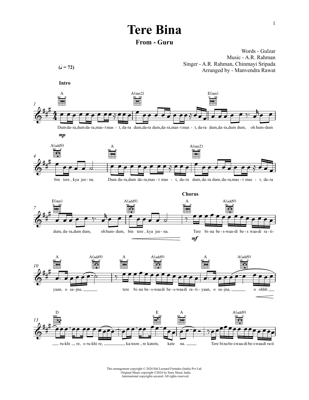 A.R. Rahman Tere Bina (from Guru) sheet music notes and chords arranged for Lead Sheet / Fake Book