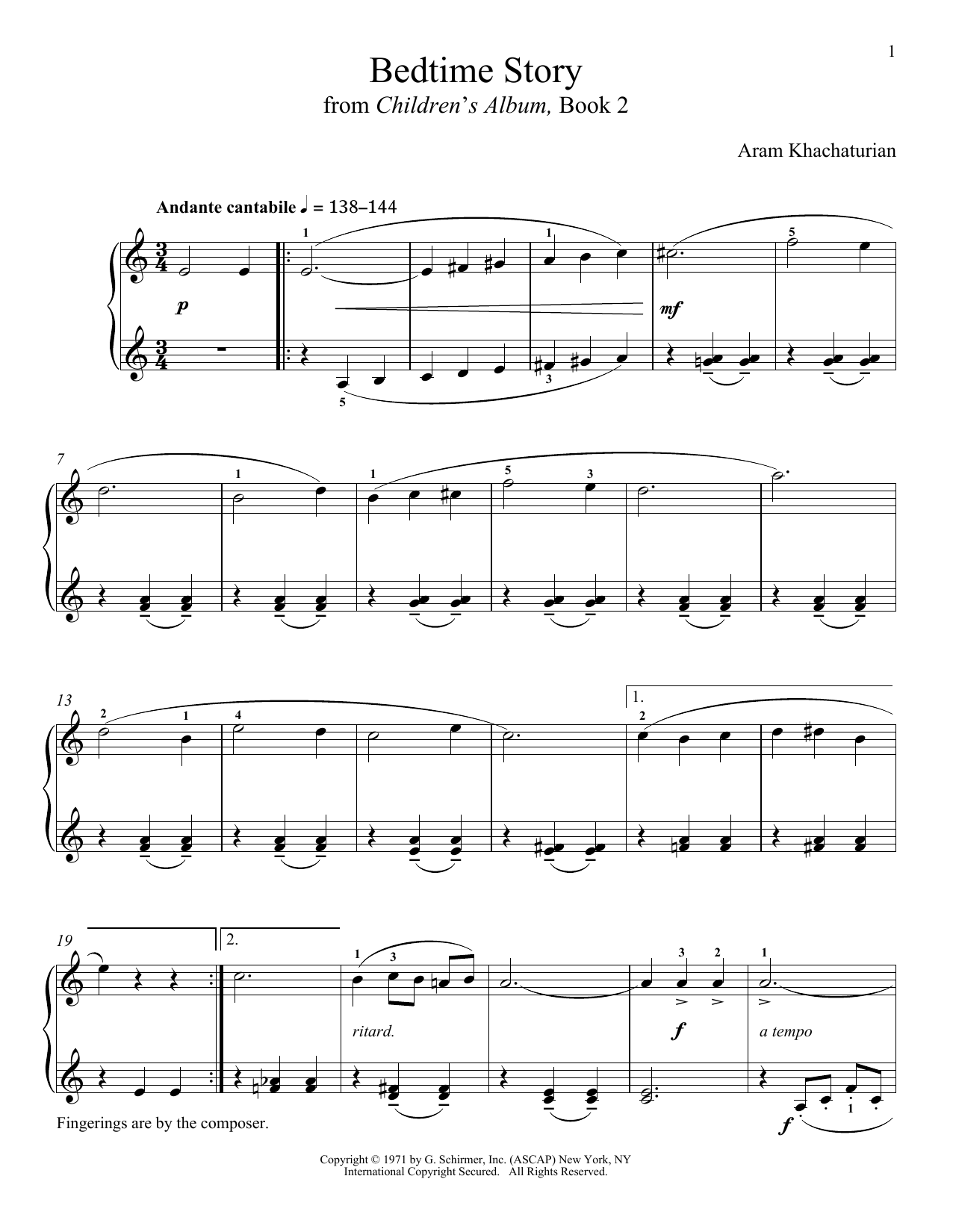Aram Khachaturian Bedtime Story sheet music notes and chords arranged for Piano Solo