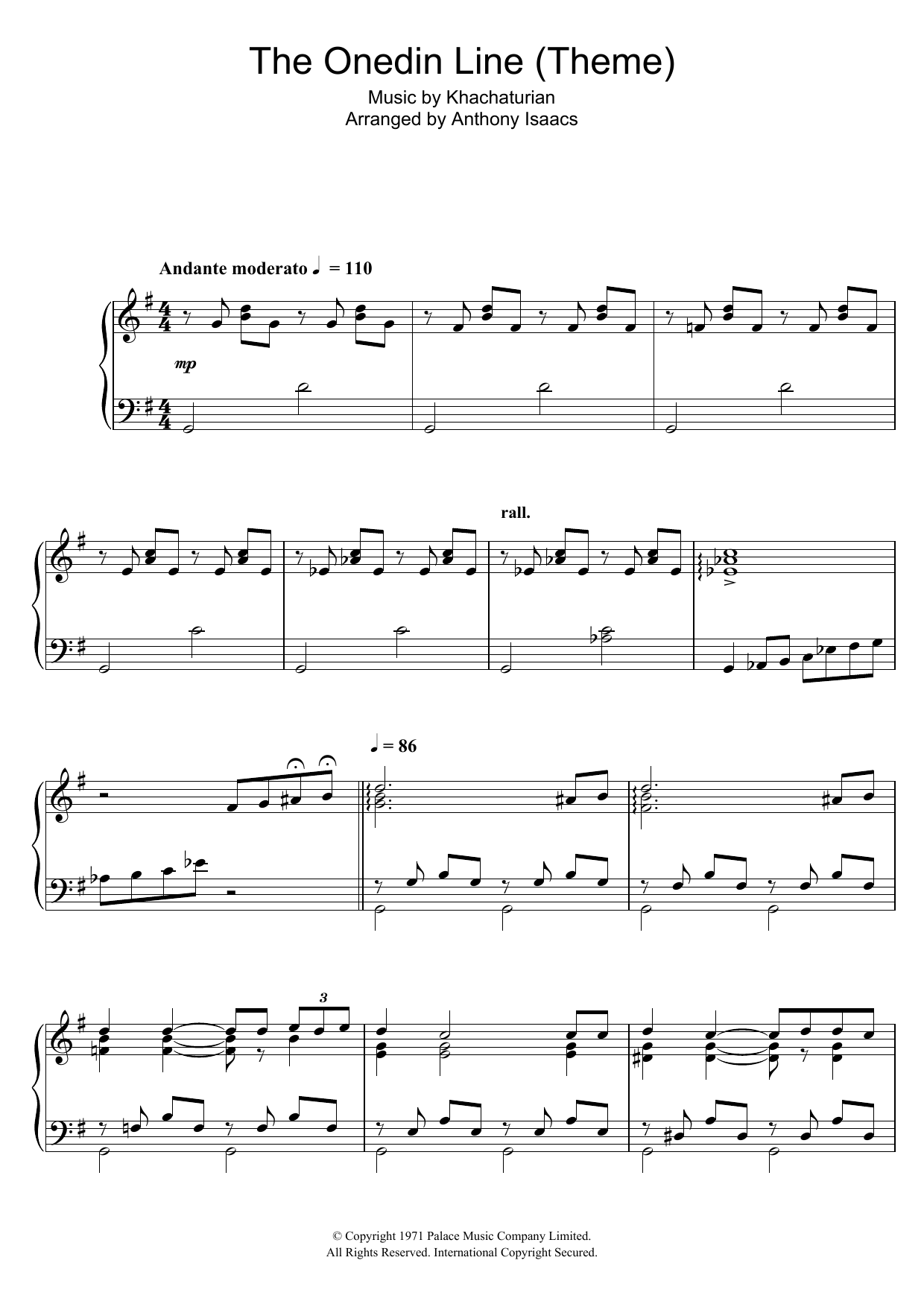 Aram Khachaturian The Onedin Line (Theme) sheet music notes and chords arranged for Piano Solo