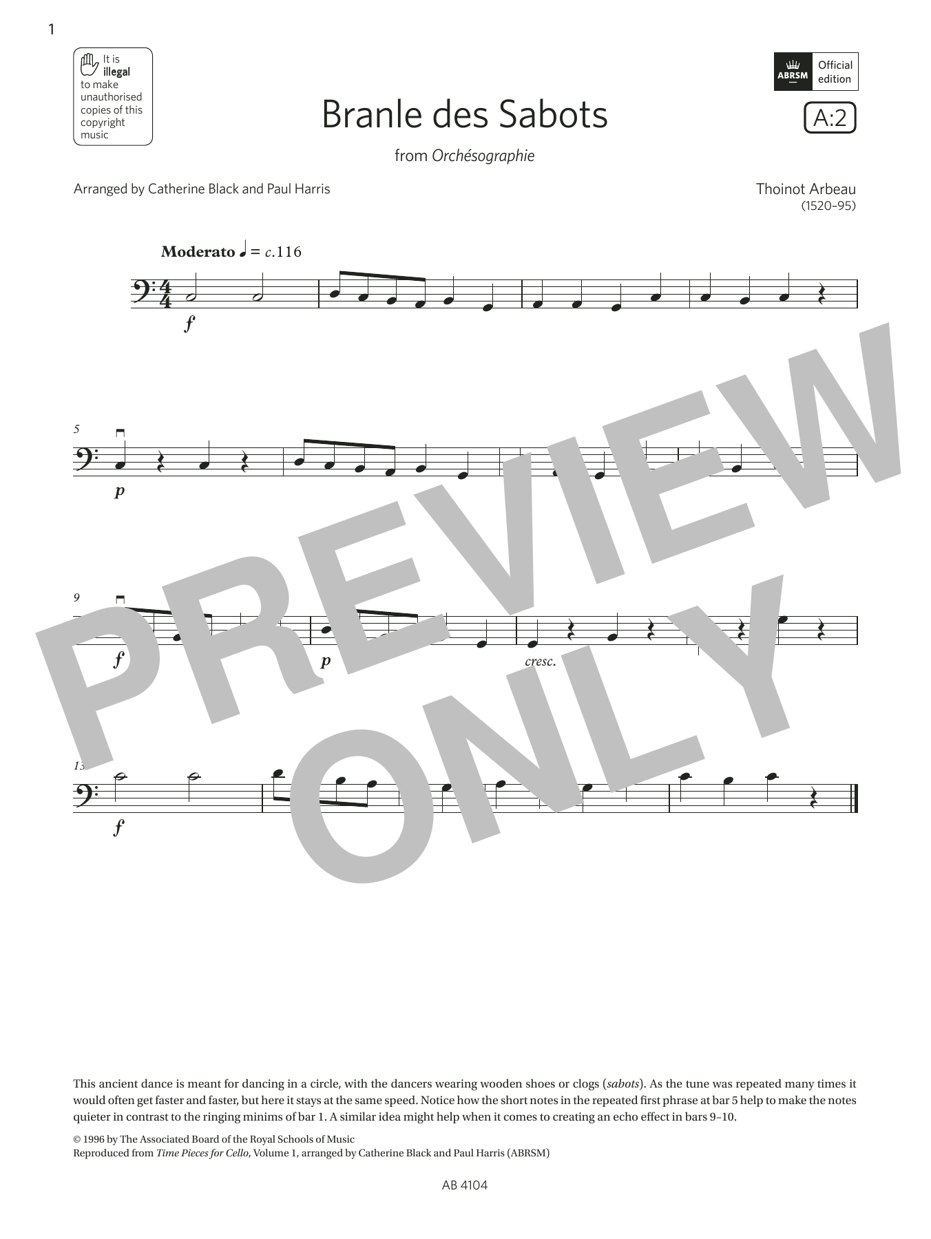 Arbeau Branle des Sabots (Grade 1, A2, from the ABRSM Cello Syllabus from 2024) sheet music notes and chords arranged for Cello Solo