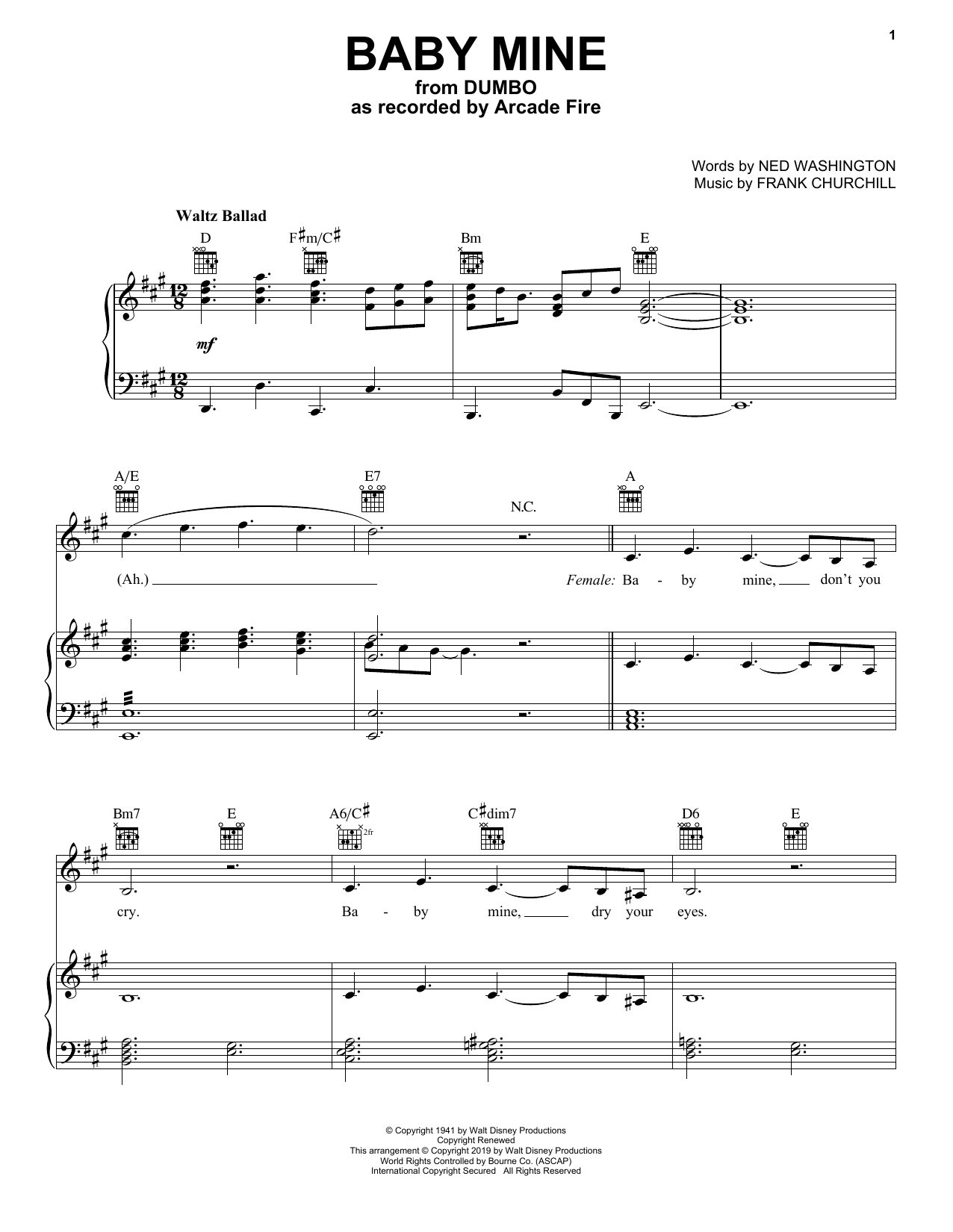 Arcade Fire Baby Mine (from the Motion Picture Dumbo) (2019) sheet music notes and chords arranged for Piano, Vocal & Guitar Chords (Right-Hand Melody)