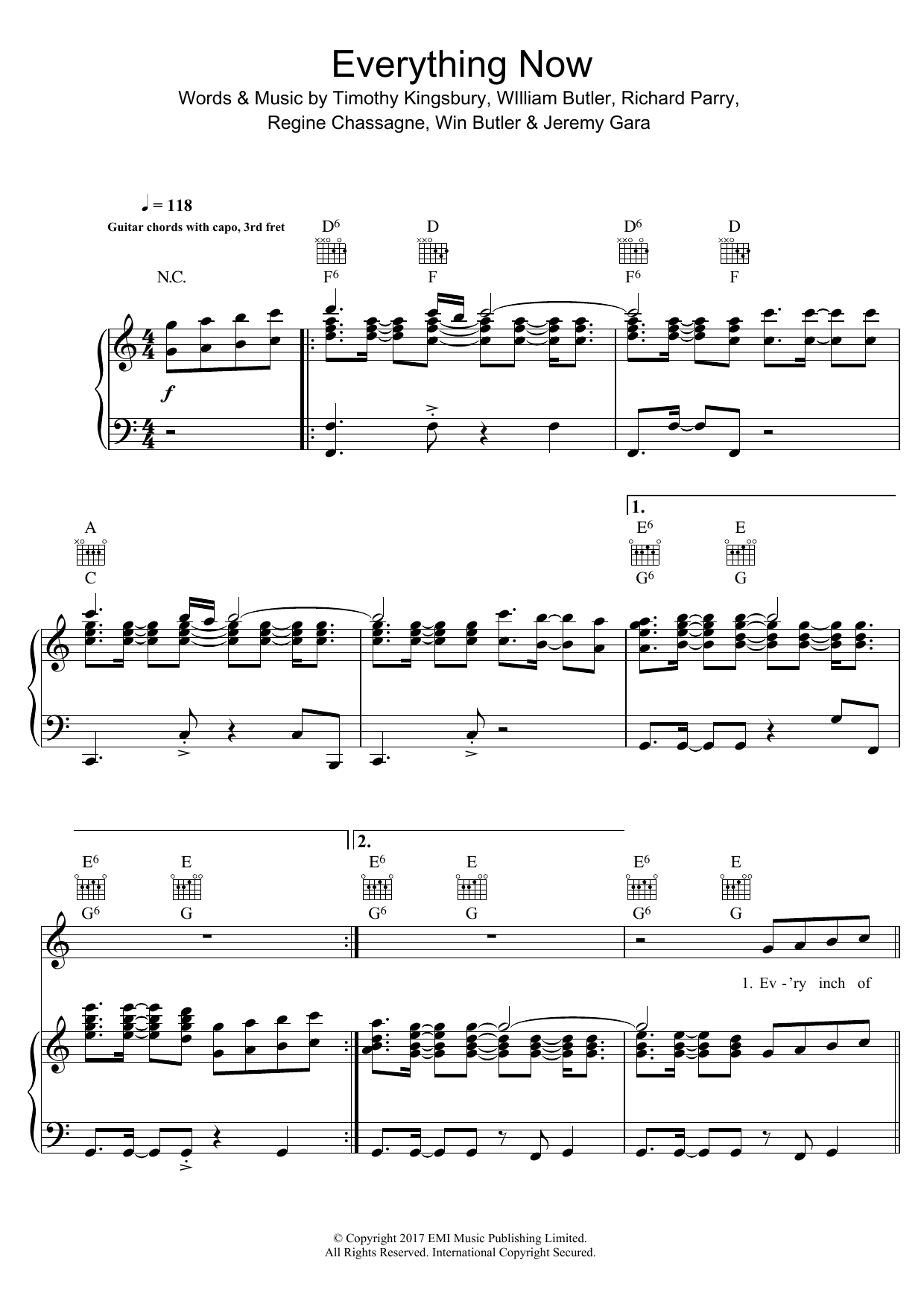 Arcade Fire Everything Now sheet music notes and chords arranged for Piano, Vocal & Guitar Chords