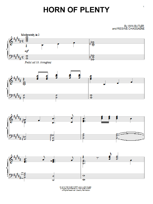 Arcade Fire Horn Of Plenty sheet music notes and chords arranged for Piano Solo