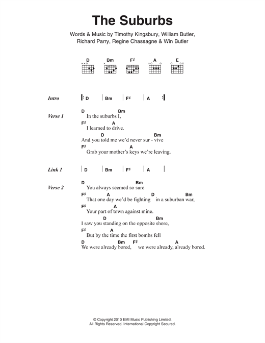 Arcade Fire The Suburbs sheet music notes and chords arranged for Guitar Chords/Lyrics