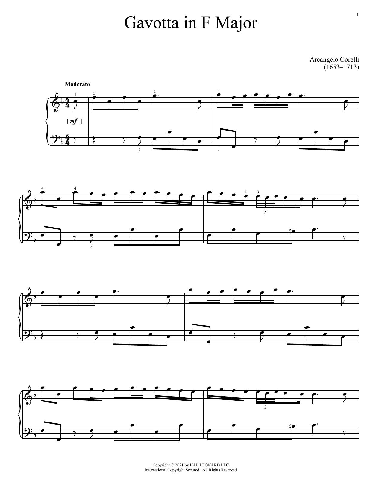 Arcangelo Corelli Gavotta In F Major sheet music notes and chords arranged for Piano Solo