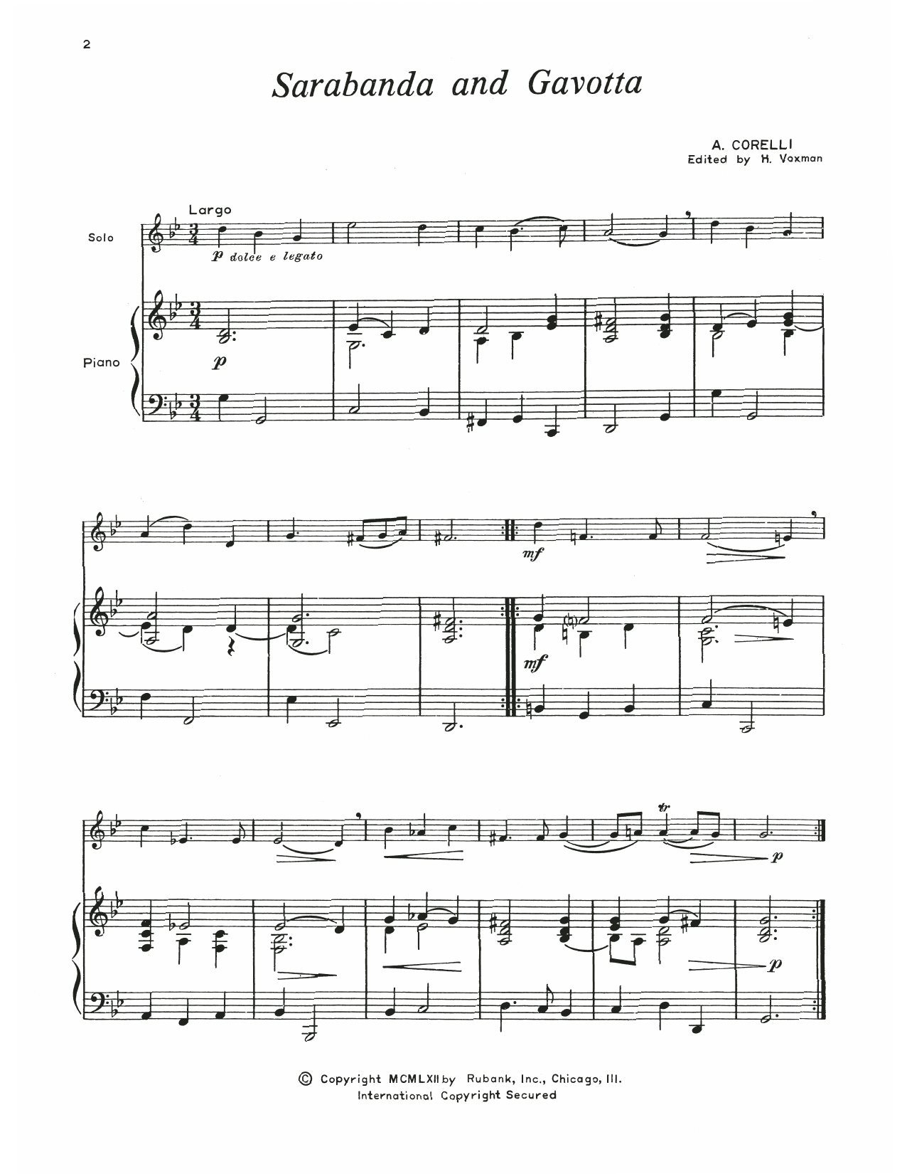 Arcangelo Corelli Sarabande And Gavotte, Op. 5 sheet music notes and chords arranged for Trumpet and Piano