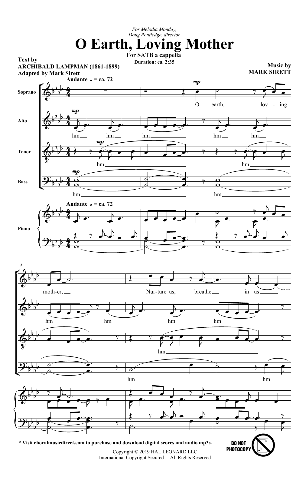 Archibald Lampman and Mark Sirett O Earth, Loving Mother sheet music notes and chords arranged for SATB Choir