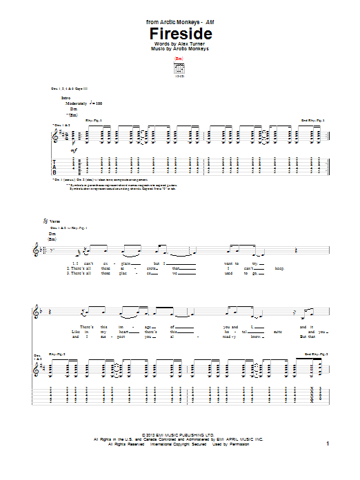 Arctic Monkeys Fireside sheet music notes and chords arranged for Guitar Tab