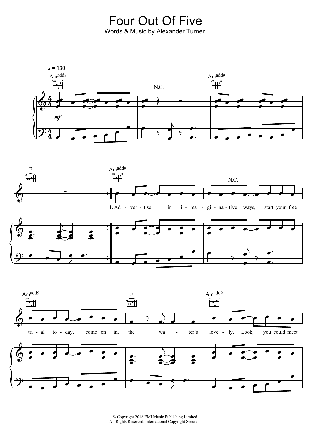 Arctic Monkeys Four Out Of Five sheet music notes and chords arranged for Piano, Vocal & Guitar Chords