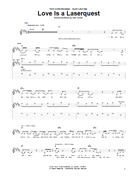 Arctic Monkeys Love Is A Laserquest sheet music notes and chords arranged for Guitar Tab