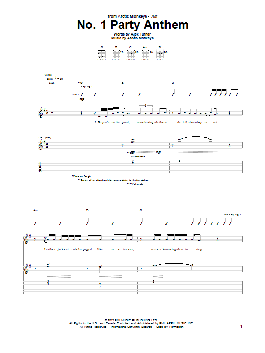 Arctic Monkeys No. 1 Party Anthem sheet music notes and chords arranged for Guitar Tab