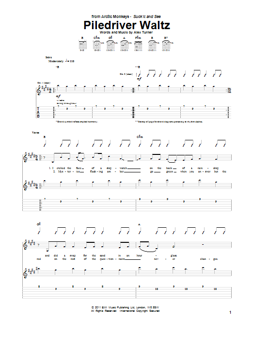 Arctic Monkeys Piledriver Waltz sheet music notes and chords arranged for Guitar Tab