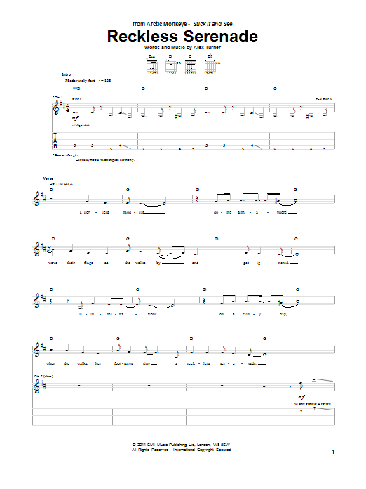 Arctic Monkeys Reckless Serenade sheet music notes and chords arranged for Guitar Tab