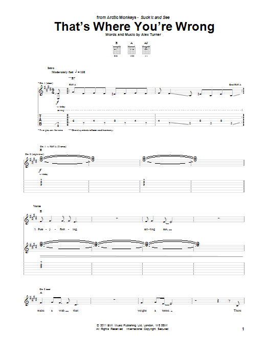 Arctic Monkeys That's Where You're Wrong sheet music notes and chords arranged for Guitar Tab