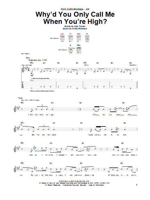 Arctic Monkeys Why'd You Only Call Me When You're High? sheet music notes and chords arranged for Guitar Tab