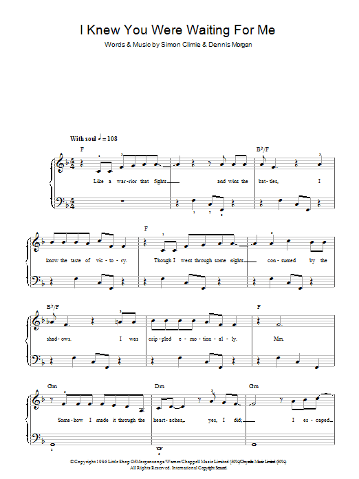 Aretha Franklin & George Michael I Knew You Were Waiting (For Me) sheet music notes and chords arranged for Easy Piano