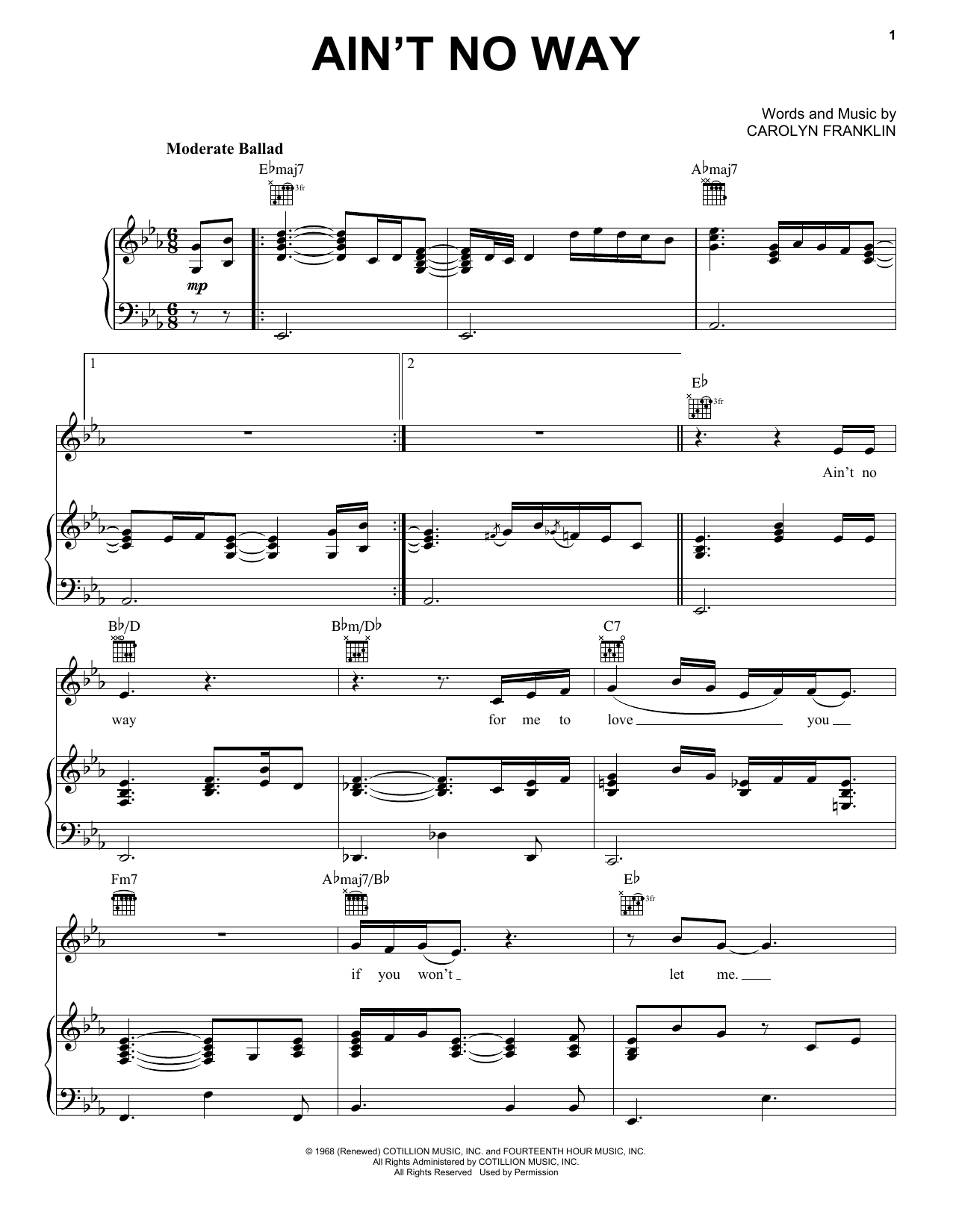 Aretha Franklin Ain't No Way sheet music notes and chords arranged for Piano, Vocal & Guitar Chords (Right-Hand Melody)