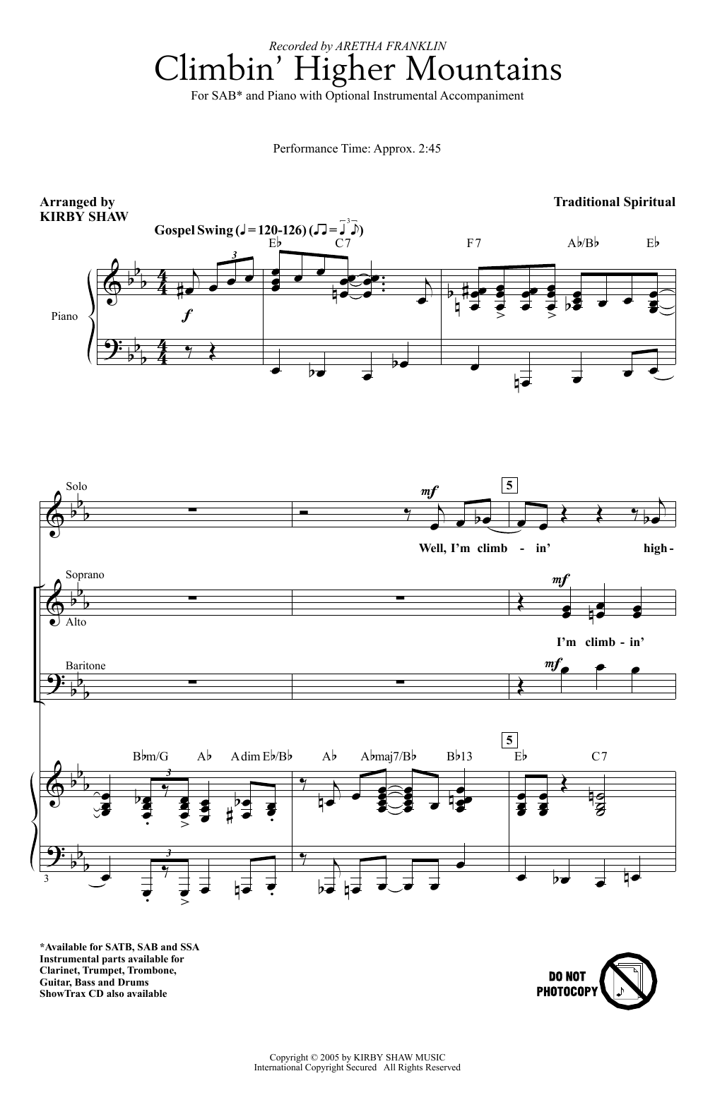 Aretha Franklin Climbin' Higher Mountains (arr. Kirby Shaw) sheet music notes and chords arranged for SAB Choir