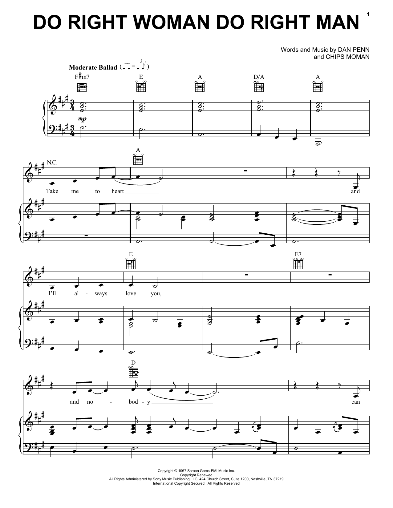 Aretha Franklin Do Right Woman Do Right Man sheet music notes and chords arranged for Piano, Vocal & Guitar Chords (Right-Hand Melody)