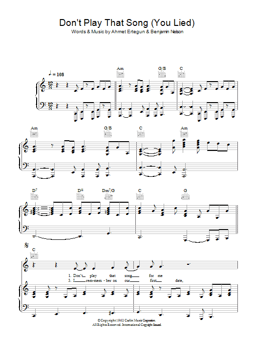 Aretha Franklin Don't Play That Song (You Lied) sheet music notes and chords arranged for Piano, Vocal & Guitar Chords (Right-Hand Melody)