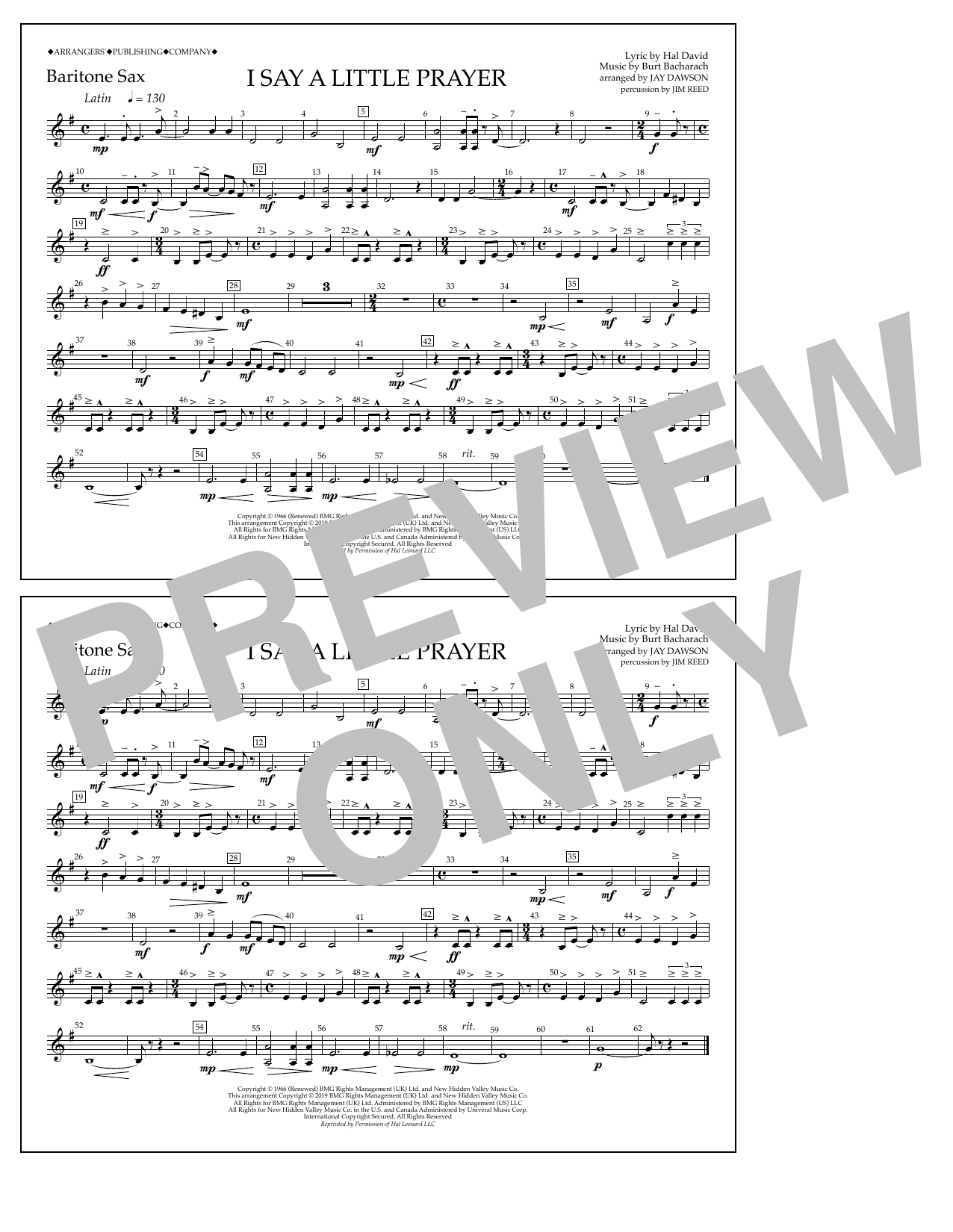 Aretha Franklin I Say a Little Prayer (arr. Jay Dawson) - Bari Sax sheet music notes and chords arranged for Marching Band