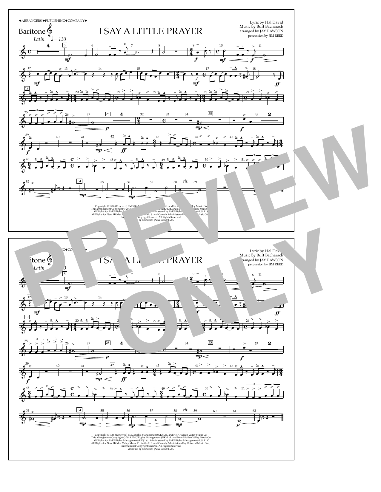 Aretha Franklin I Say a Little Prayer (arr. Jay Dawson) - Baritone T.C. sheet music notes and chords arranged for Marching Band