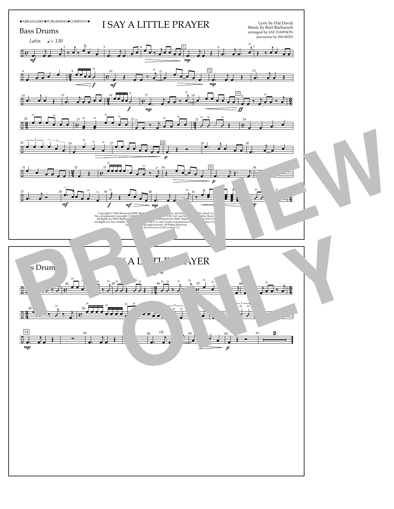 Aretha Franklin I Say a Little Prayer (arr. Jay Dawson) - Bass Drums sheet music notes and chords arranged for Marching Band