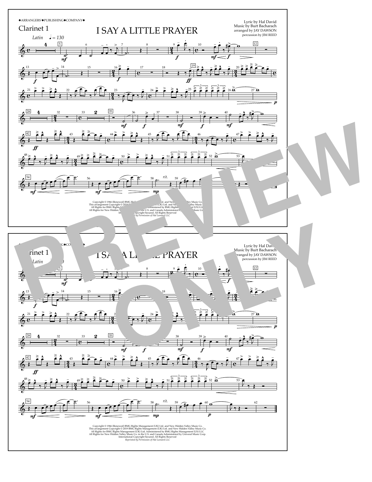 Aretha Franklin I Say a Little Prayer (arr. Jay Dawson) - Clarinet 1 sheet music notes and chords arranged for Marching Band