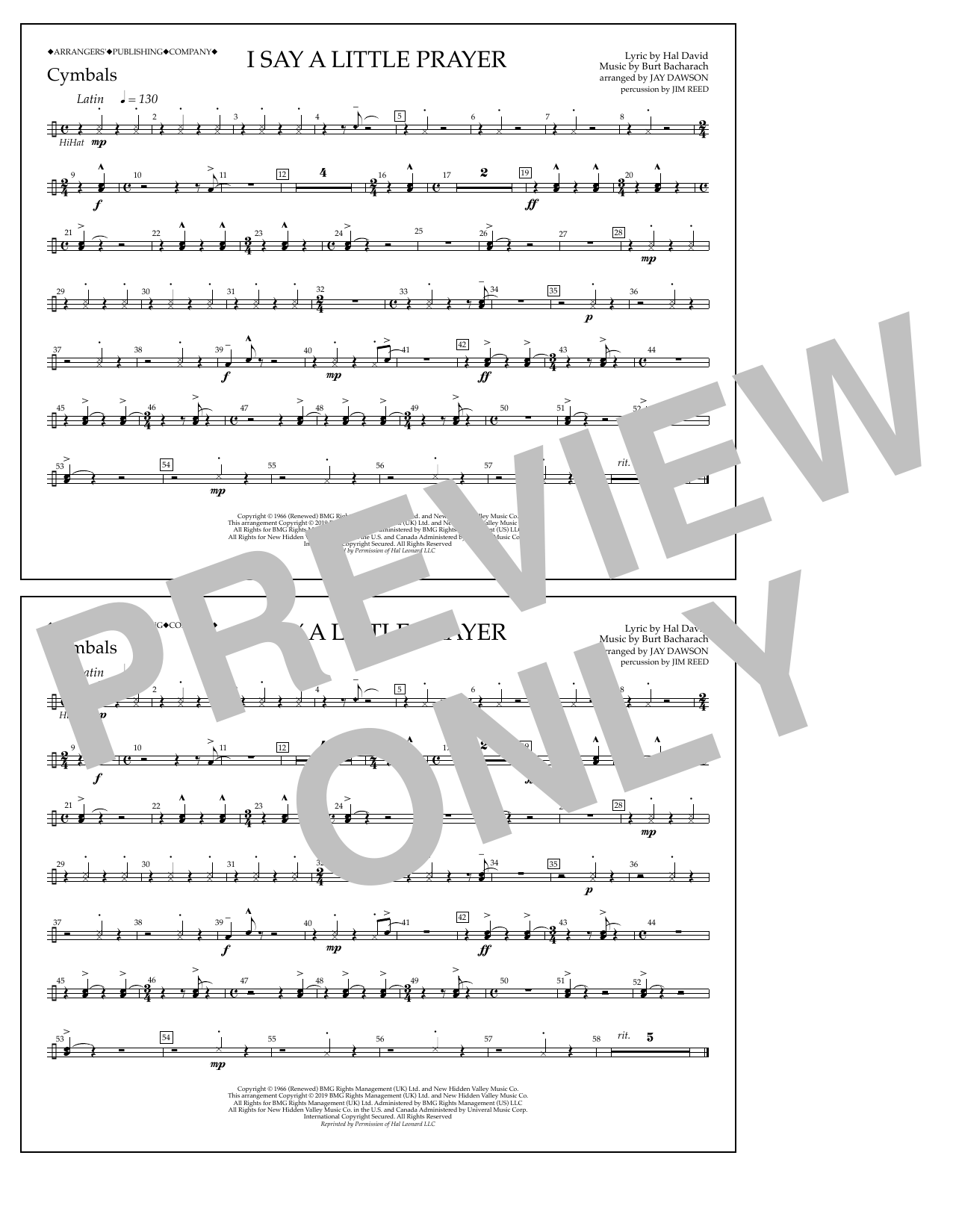 Aretha Franklin I Say a Little Prayer (arr. Jay Dawson) - Cymbals sheet music notes and chords arranged for Marching Band