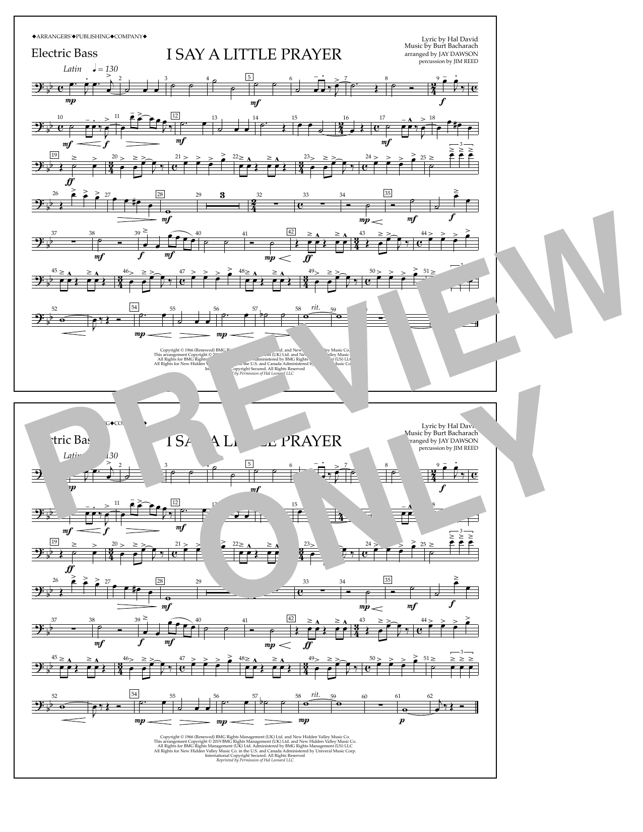 Aretha Franklin I Say a Little Prayer (arr. Jay Dawson) - Electric Bass sheet music notes and chords arranged for Marching Band
