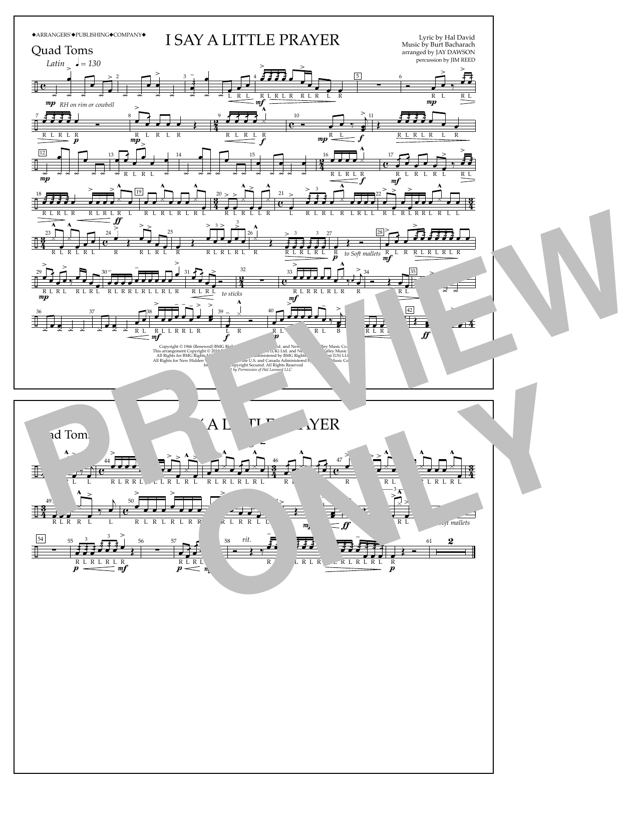 Aretha Franklin I Say a Little Prayer (arr. Jay Dawson) - Quad Toms sheet music notes and chords arranged for Marching Band