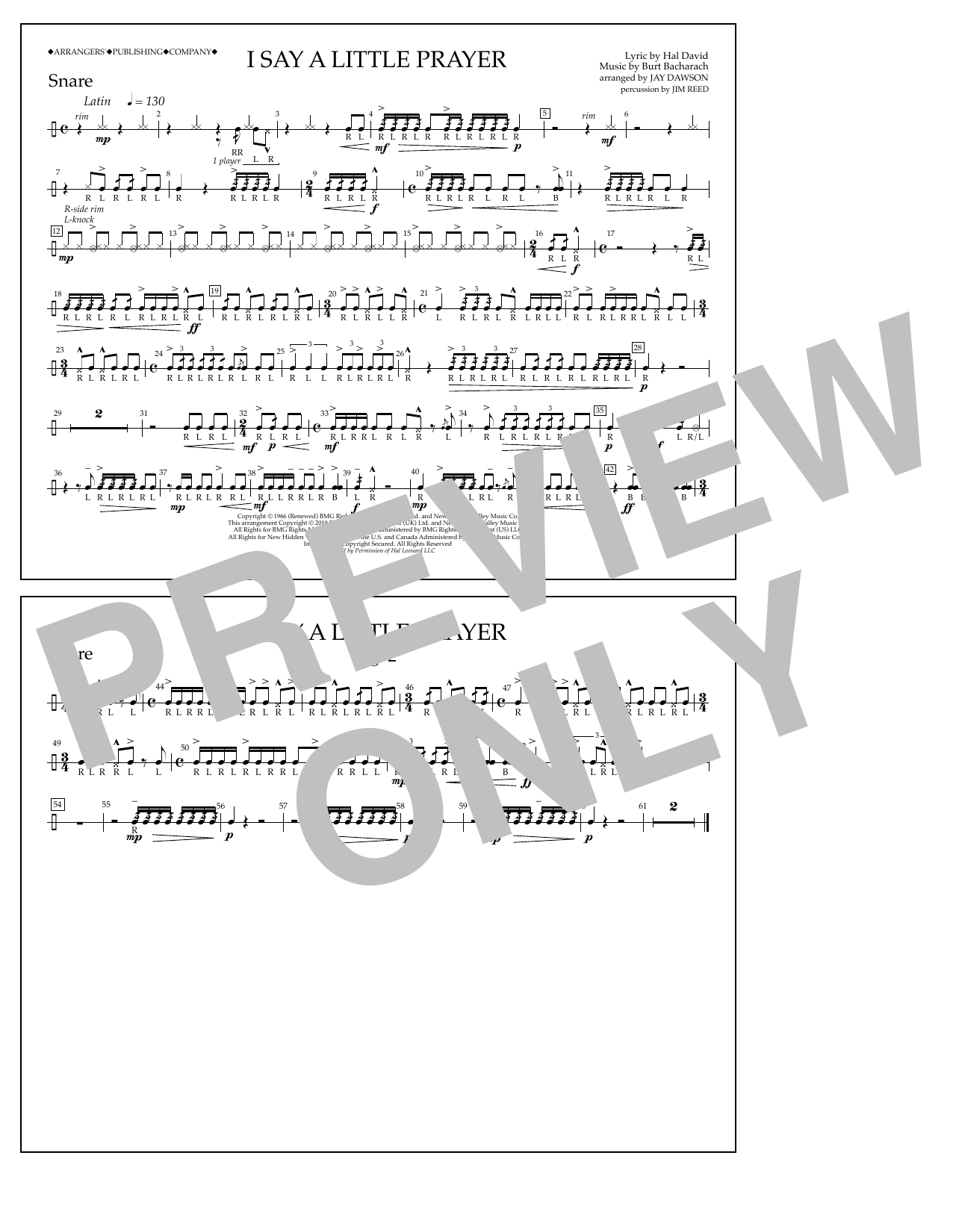 Aretha Franklin I Say a Little Prayer (arr. Jay Dawson) - Snare sheet music notes and chords arranged for Marching Band