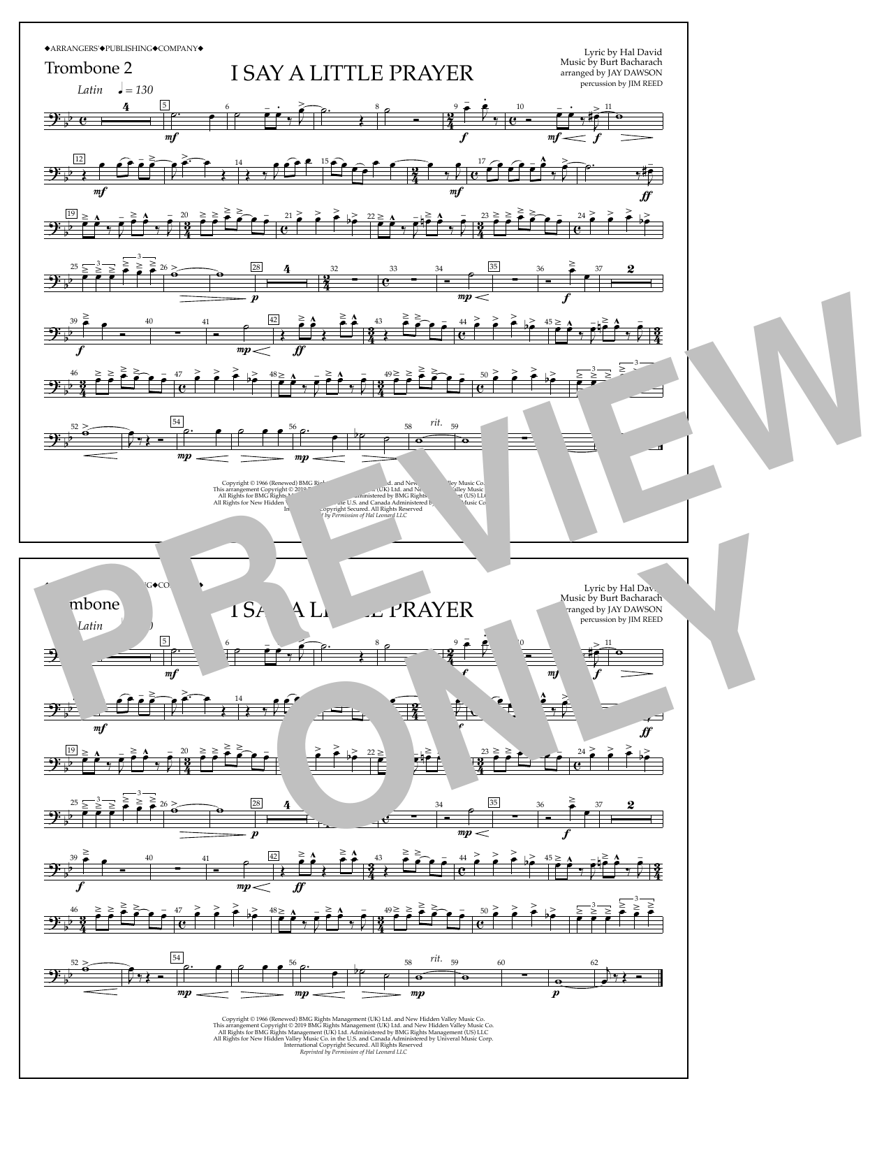 Aretha Franklin I Say a Little Prayer (arr. Jay Dawson) - Trombone 2 sheet music notes and chords arranged for Marching Band